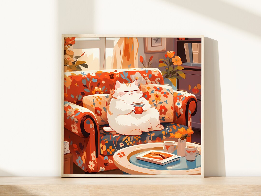 White Cat Poster Wall Art, Coffee Print for Cat Lovers Gifts ...