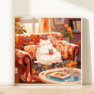 White Cat Poster Wall Art, Coffee Print for Cat Lovers Gifts & Paintings, Cute Animal Wall Décor, Loving Animal Artwork for Home