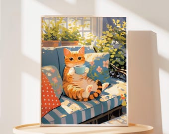 Puede incluir: Un gato jengibre se sienta en un sofá azul y blanco a rayas con un cojín rojo y blanco de lunares. El gato sostiene una taza azul y mira al espectador. El sofá está en una habitación con plantas y una ventana.