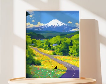 Fuji Berg Katze Kunstdruck: Japan Blumen Landschaft Poster