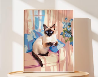 シャム猫のウォールアート、かわいい猫のイラストプリント、猫好きのためのコーヒーホームデコレーション、面白い猫カフェのポスター、猫のママとパパへのギフト