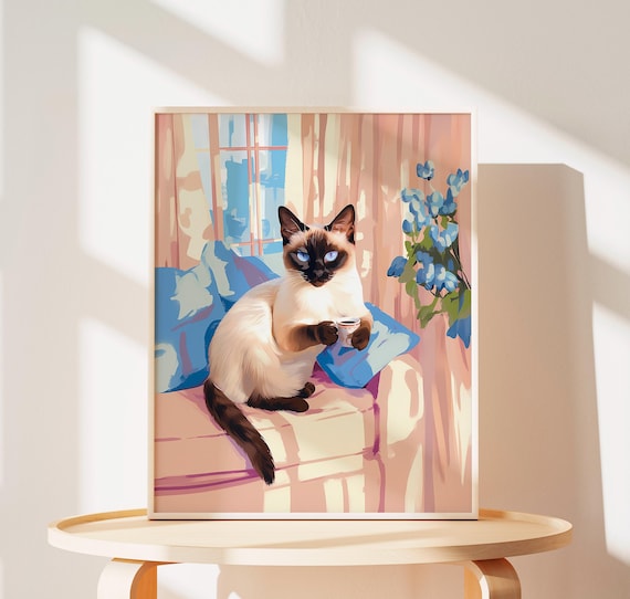 Siamese Cat Wall Art, Cute Cat Illustration Print, Coffee Home Decor for Cat Lovers, Funny Cat Cafe Poster, Gift for Cat Mom and Dad