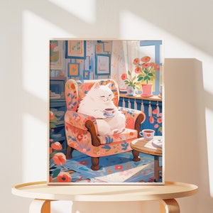 Lovely Cat Print of Cafe Cozy White Cat Painting of Cafe Cat Mom Gift for Cat Parents Valentines Gifts of Cat Wall Art of Cute Animal Art