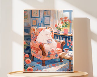 Puede incluir: Un gato blanco se sienta en un sillón floral con una taza de té en sus patas. El gato está en una habitación con una ventana, una alfombra con estampado floral y una mesa auxiliar con una taza y un platillo.