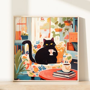 Sweet  Black Cat Wall Art of Coffee Print of Cat Poster of Cat Gifts for Cat Lovers Gifts of Cat Paintings Cat Wall Décor of Birthday Gifts
