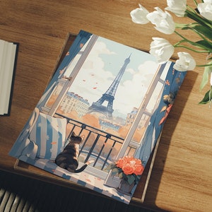 May include: A colorful illustration of a cat sitting on a window seat looking out at the Eiffel Tower in Paris. The window is open and there are flowers in a pot on the windowsill.