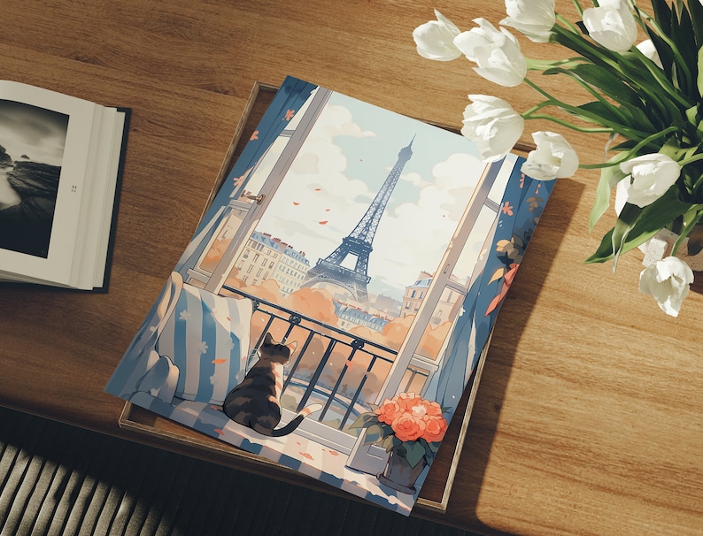 May include: A colorful illustration of a cat sitting on a window seat looking out at the Eiffel Tower in Paris. The window is open and there are flowers in a pot on the windowsill.