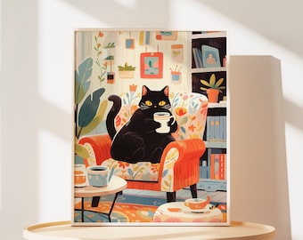Zabawny wydruk artystyczny z czarnym kotem: prezent dla kochającej kawę mamy kota