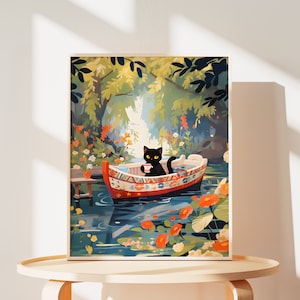 湖のカヌーの楽しい黒猫のポスター、森のプリント、かわいい猫のお母さんの絵、猫の飼い主への贈り物、ボートの贈り物、猫の壁アートのプリント