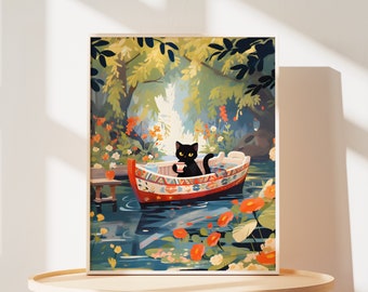 Fun Black Cat Poster of Lake Canoe Print of Forest Painting of Cute Cat Mom Gifts for Cat Parents Gifts of Boat Print of Cat Wall Art
