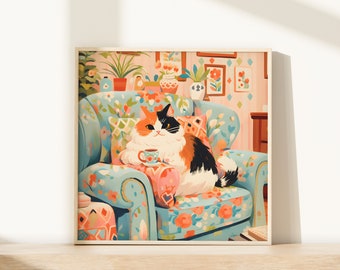 Stampe di gatti calico di arte da parete di tè di simpatico gatto Poster di gatti regali per gli amanti dei gatti Regali di dipinti di gatti Decorazioni da parete di gatti di regali di compleanno