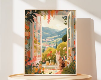 Switzerland Alps Cat Art Print: Whimsical Feline Landscape
