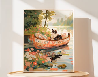 Fun Cat Poster of Lake Boat Print of Woods Painting of Cute Cat Mom Gift for Cat Parents Valentines Gifts of Canoe Print of Cat Wall Art