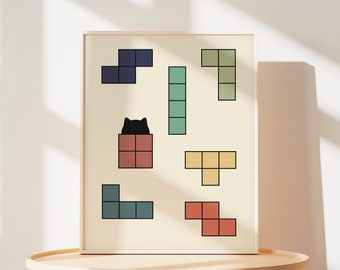 Minimalist Cat Print of Tetris Game Poster of Lovely Cat Mom Gift for Cat Parents Christmas Gift of Cat Wall Art of Cute Animal Art