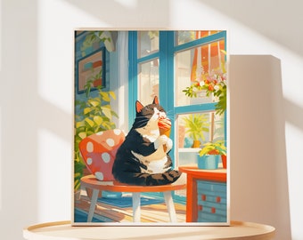 Cozy Tuxedo Cat Poster of Ice Cream Print of Summer Painting of Cute Cat Gifts for Her Cats Birthday Gifts of Kitchen Wall Art of Cats