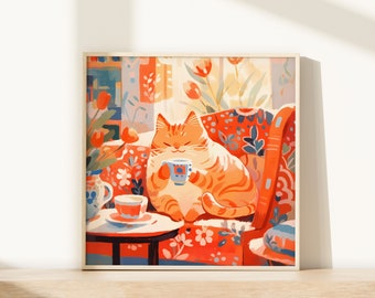 Orange Tabby Cat Coffee Art Print: Sweet Ginger Cat Lover Gift