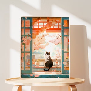 Tuxedo Cat Japan Cherry Blossom Art Print: Japanese Sakura Cat Gifts