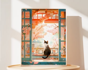 Tuxedo Cat Japan Cherry Blossom Art Print: Japanese Sakura Cat Gifts