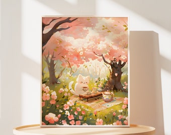 Cat Cherry Blossom Print: Spring Sakura Wall Art