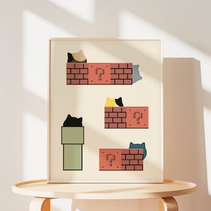 Minimalist Cat Print Super Mario Poster - Cute Cat Wall Art for Cat Moms, Lovely Animal Art Gift for Cat Parents' Birthday