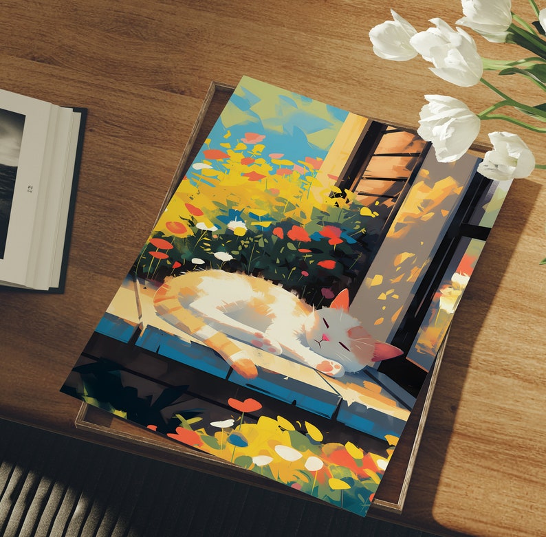 May include: A white and orange cat sleeps on a wooden porch with a colourful flower garden behind it. The cat is lying on its side with its head resting on its paws. The flowers are in bloom and are a variety of colours, including red, yellow, and white.