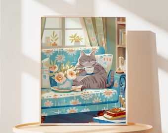 Szary pręgowany kot w nadruku: Kawa w kawiarni