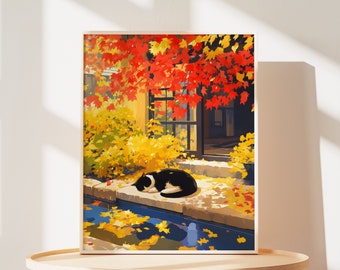 Tuxedo Cat Maple Tree Print, Japanese Garden Wall Art