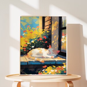 May include: A white and orange cat sleeps on a wooden porch with a window behind it. The cat is surrounded by colourful flowers and greenery.