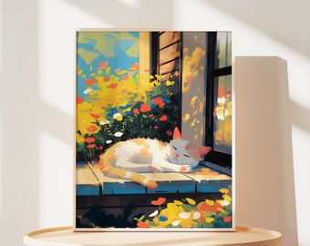 Sleeping Cat Art Print: Tabby Cat with Flowers, Cozy Home Decor