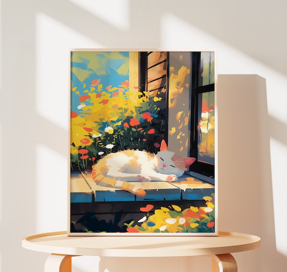 Sleeping Cat Art Print: Tabby Cat with Flowers, Cozy Home Decor