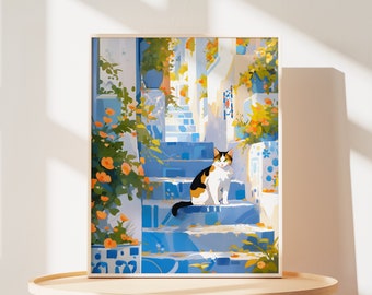 Morocco Chefchaouen Calico Cat Wall Art – Blue House Poster, Cute Gift for Cat Lovers, Morocco Decor, Animal Lover Gift
