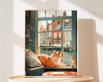 Op de afbeelding: Een schilderij van een kat die op een vensterbank zit en uit een raam kijkt naar een rij kleurrijke gebouwen. De kat is oranje en wit, en het raam is omlijst met hout. De gebouwen spiegelen zich in het water eronder.