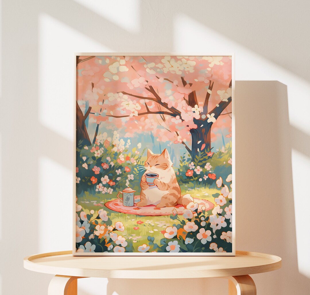 Cozy Cat Sakura Print: Japanese Cherry Blossom Wall Art - Etsy