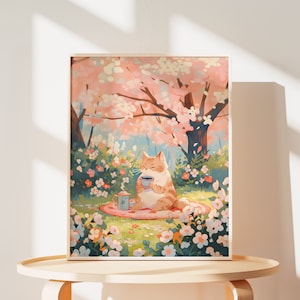 Lovely Cat Poster of Cherry Blossoms Print of Sakura Painting of Cozy Cat Mom Gifts for Her Cats Valentines Gift of Japan Wall Art of Cats