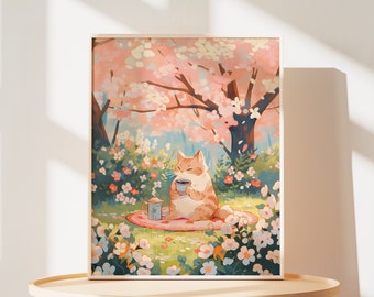 May include: A digital illustration of a cat sitting in a field of pink and white flowers, drinking from a blue and white teacup. The cat is orange and white with a pink nose and green eyes. The background is a soft, pastel pink and blue.