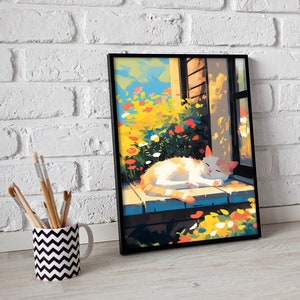 May include: A white and orange cat sleeps on a wooden porch with a window behind it. The cat is surrounded by colourful flowers in a garden.