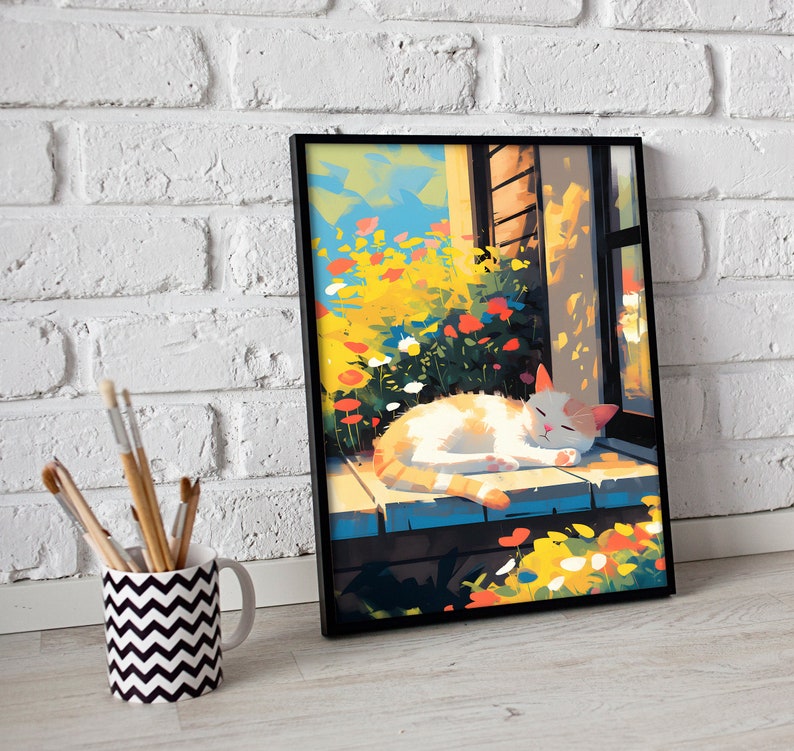 May include: A white and orange cat sleeps on a wooden porch with a window behind it. The cat is surrounded by colourful flowers in a garden.