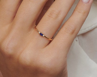 14K Gold Dainty Diamond and Sapphire Ring - Elegant Minimalist Promise Ring for Engagement and Wedding, Available in Rose and White Gold