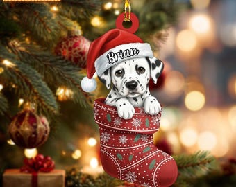 Custom Name Dog in Stocking Dalmatian Personalized Ornament, Christmas Tree Hanging Decor, 2D Flat Acrylic Christmas Ornament Holiday Gift