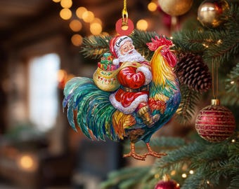 Décoration de Noël père Noël coq - Décoration d'arbre amusante pour les amoureux des animaux de la ferme, cadeau des fêtes, décoration de coq poulet personnalisée