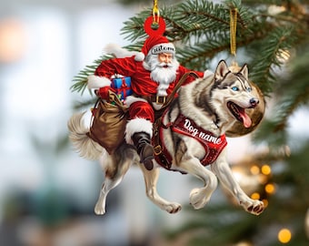 Santa Riding Siberian Husky Christmas Ornament – Funny Dog Lover Tree Hanging Decoration, Holiday Pet Gift, Custom Siberian Husky Ornament