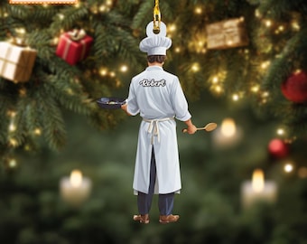 Custom Name Chef Christmas Ornament, Holiday Tree Hanging Decor, 2D Flat Acrylic Wooden Ornament, Unique Chef Gift, Festive Kitchen Decor