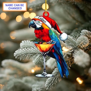 Custom Name Parrot With Santa Hat On S Glass Personalized Ornament, Christmas Tree Hanging Decor, Christmas Ornament, Flat 2D Ornament