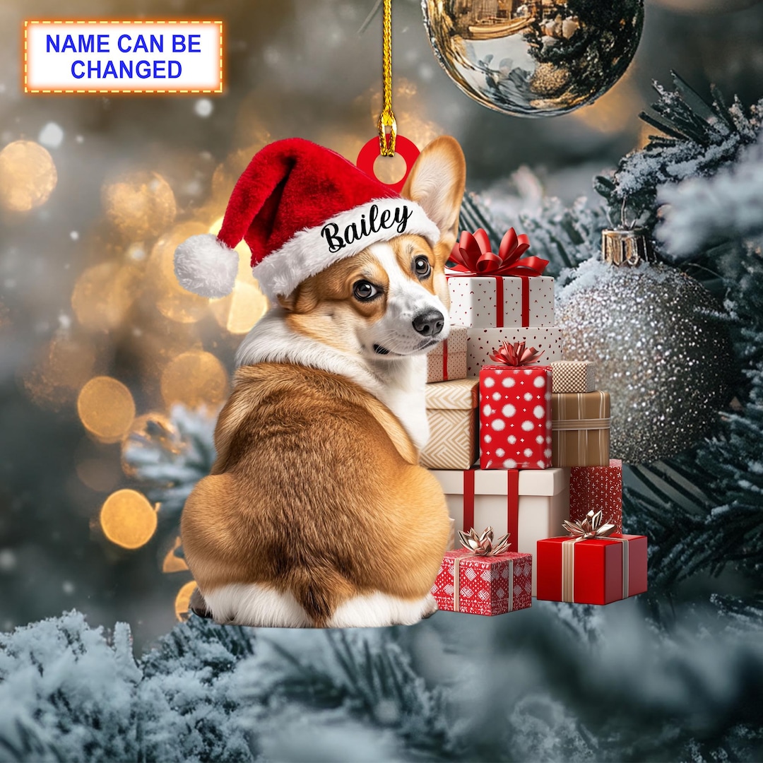 Custom Name Cute Sitting Corgi Dog With Santa Hat Christmas Gift Box ...