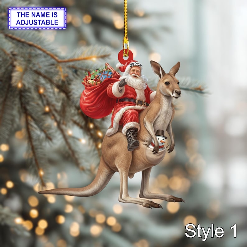 Santa Riding Kangaroo Acrylic 2D Flat Christmas Ornament, Festive Tree ...