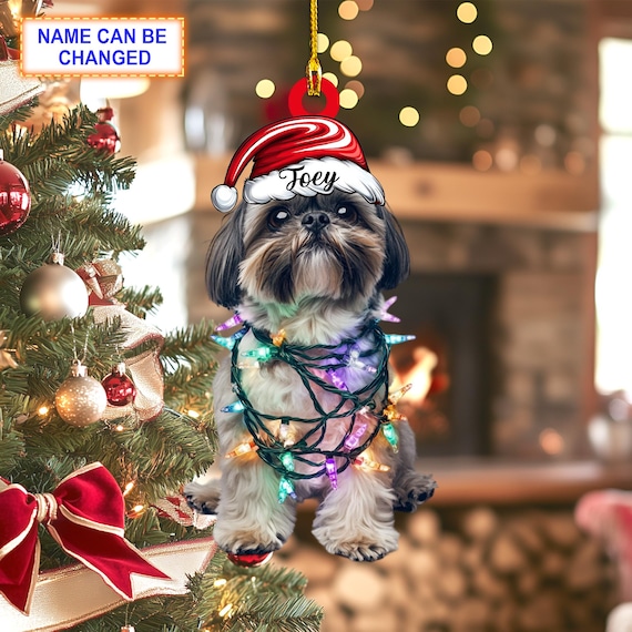 Custom Name Cute Sitting Shih Tzu Dog With Santa Hat Christmas