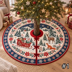 May include: A round, quilted Christmas tree skirt featuring a winter forest scene with a red sleigh filled with gifts, a deer, and a fox. The design includes poinsettias, snowflakes, and pine trees on a cream background with a navy blue border.