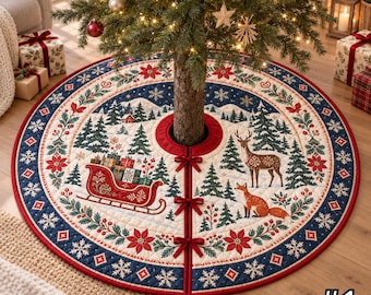 May include: A round, quilted Christmas tree skirt featuring a winter forest scene with a red sleigh filled with gifts, a deer, and a fox. The design includes poinsettias, snowflakes, and pine trees on a cream background with a navy blue border.