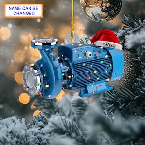 May include: A blue water pump Christmas ornament with a Santa hat that says "Steve". The ornament is decorated with colorful Christmas lights and has the text "NAME CAN BE CHANGED".