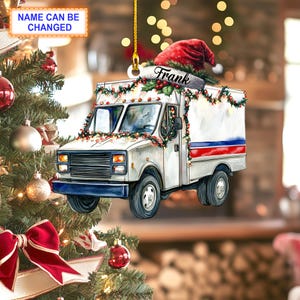 Custom Name Utility Truck With Santa Hat and Christmas Lights Ornament, Christmas Tree Hanging Decor, Christmas Ornament, Flat 2D Ornament